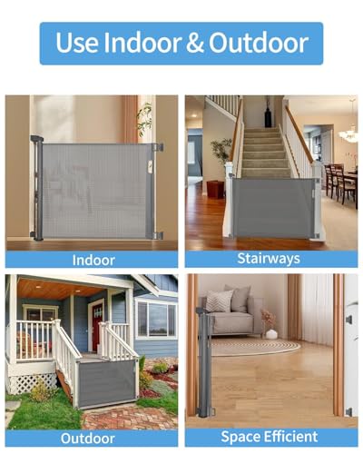 Retractable Baby Gate for Stairs – 33” Height, Expands up to 55” Width – Safety Gate for Infants, Toddlers, Dogs & Pets – Easy Install, Secure Closure, Gray Mesh Design for Indoor & Outdoor Use