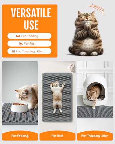 Powools Cat Litter Mat - 23.2" x 14.6" Small Litter Box Mat with Double Layers, Urine-Proof and Non-Slip Litter Trapping Mat, Easy to Clean Kitty Litter Mats for Floor, Scatter Control, Grey