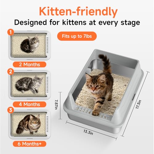 Stainless Steel Cat Litter Box, Odor Free Metal Litter Box with High Sides Lid, Open Top Low Entry Litter Pan Include Scoop Easy Cleaning Anti-Scratch Kitty Cat Box Anti-Urine Leakage, Non-Sticky