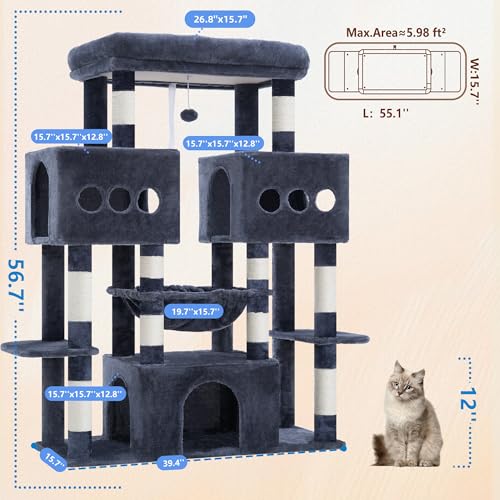 Hey-brother Cat Tree Tower, Large Sisal Scratching Posts with Big Platform, 3 Spacious Condos, Plush Hammock, Toy, 57.5 Inches Multi-Level Furniture for Indoor Adults Maine Coon, Smoky Gray MPJ083G