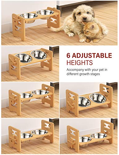 Vantic Elevated Dog Bowls, Adjustable Raised Dog Bowl Stand for Small Puppy and Cats, Sturdy Bamboo Pet Food Feeder with 2 Stainless Steel Dishes, Natural