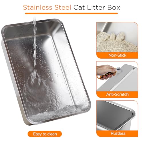 Anywish Stainless Steel Cat Litter Box with Lid, XL Extra Large Enclosed Removable Metal Litter Box with Litter Scoop&Double Layer Litter Mat, Non-Sticky, Non-Odor, for Big Cats Dark Grey