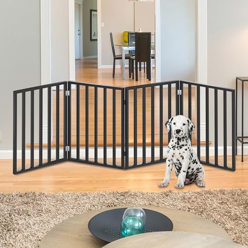 Pet Gate - 4-Panel Indoor Foldable Dog Fence for Stairs, Hallways, or Doorways - 72x24-Inch Wood Freestanding Dog Gates by PETMAKER (Black)