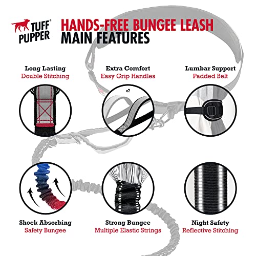 Tuff Pupper Heavy Duty Hands Free Dog Leash | One Large Dog Up to 125 lbs | Comfortable Shock Absorbing Bungee | Reflective Padded Handles | Lumbar Waist Belt 28-50" | Walking Jogging Running Leash