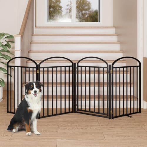 SNUOWU 4 Panels Full Matel Freestanding Dog Gates with Door, 96"Extra Wide 32"Tall Free Standing Dog Pet Gate for Indoor & Outdoor. Foldable Pet Fences for Doorways, House, Stairs, Porch, Deck, Yard