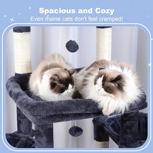 Hey-brother Cat Tree Tower, Scratching Posts with Extra Large Platform, Specious Condo, 2 Cozy Hammocks, Self-Grooming Brush for Indoor Adult Cats, Maine Coon 51.1 inches, Smoky Gray MPJ070G