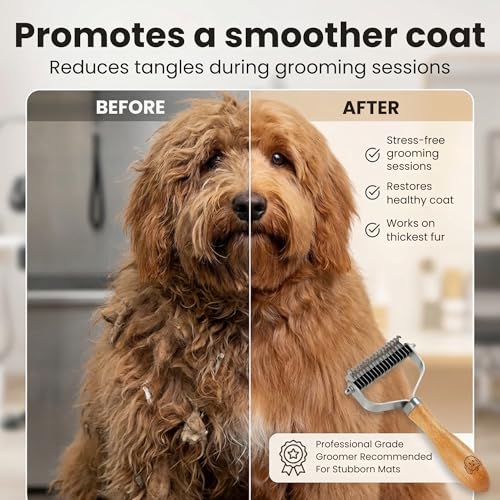 Pet Dematting Comb for Dogs and Cats with Wood Handle, Deshedding Undercoat Rake with Stainless Steel Blades, Pet Comb for Detangling Thinning and Shedding, All Hair Types [We Love Doodles]