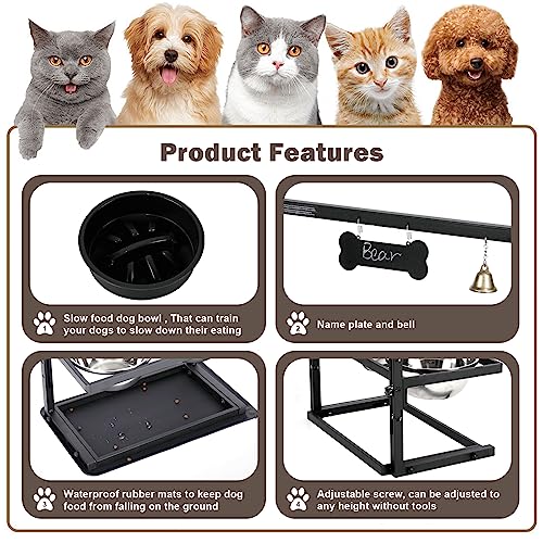 Elevated Dog Bowls with Slow Feeder for Large Dogs – Adjustable Raised Stand with 2 Stainless Steel Bowls & Spill-Proof Mat, Non-Slip Dog Feeder for Large & Medium Dogs (Black)