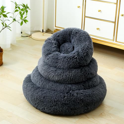 Fhodigogo Donut Dog Bed Cat Bed Fluffy Calming Pet Bed Dog Round Bed Cat Round Bed Warm Kitten Nest Ideal for 3Kg Pet, Small, Dark Dray