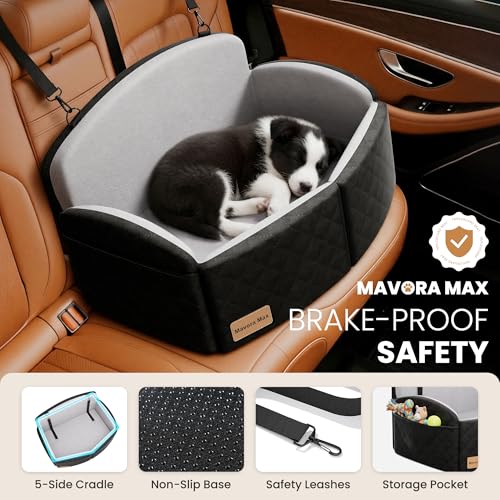 Dog Car Seat for Medium/Large Dogs, Memory Foam Dog Booster Seat with Thick Cushion up to 55 lbs or 2 Small Dogs, Travel Pet Car Seat with Detachable Washable Cover, 2 Safety Leashes (Black/Grey)