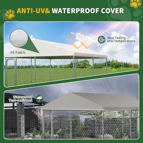 LotFun 10x10 FT Dog Kennel, Heavy Duty Outdoor Dog Enclosure with UV & Rain-Proof Fully Covered Roof, Double Security Locks and Rustproof Metal Mesh for Large Dogs House (10x10x6 FT)