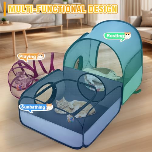 Portable Cat Playpen with Surround Tunnel, 2-Linked-Enclosed Areas, Ideal Cat Tent Outdoor or Cat Playpen for Indoor Cats Enclosed.Breathable Mesh Design for Indoor & Outdoor Use(Grey)