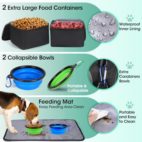 IGOLUMON Dog Travel Bag Large Pet Travel Bags Set for Supplies Weekend Travel Kit Tote Organizer Multi-Pockets Food Travel Bag with 2 Extra Large Food Containers, 2 Dog Bowls, 1 Feeding Mat