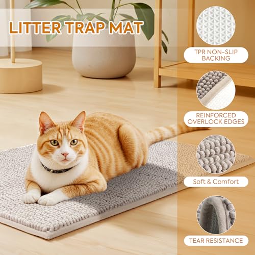 Pieviev Chenille Cat Litter Mat for Litter Box, 28"x22" Soft Ultra Absorbent Mat, Waterproof & Non-Slip, Easy to Clean Litter Trapping Mat for Indoor Cats, Gray
