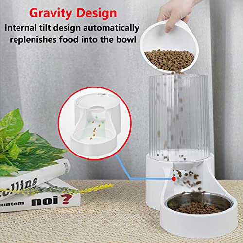 Makikuser Automatic Cat Feeder, 3.8L Large Gravity Cat Food Dispenser with Detachable Top Lid, Visible Bottle and Stainless Steel Bowl for Pets (White)