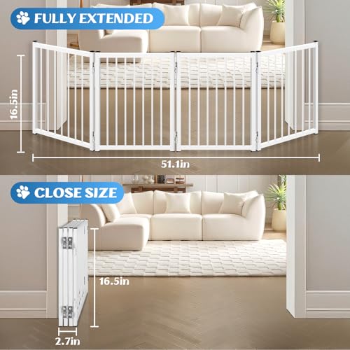 Freestanding Short Dog Gate, 16.5" Tall Small Pet Gate Easily Step Over, Metal Foldable Pet Gate, Up to 51" Wide Puppy Fence, Gate for Stairs and Doorways, Indoor, Outdoor Use, No Drill Pressure Mount