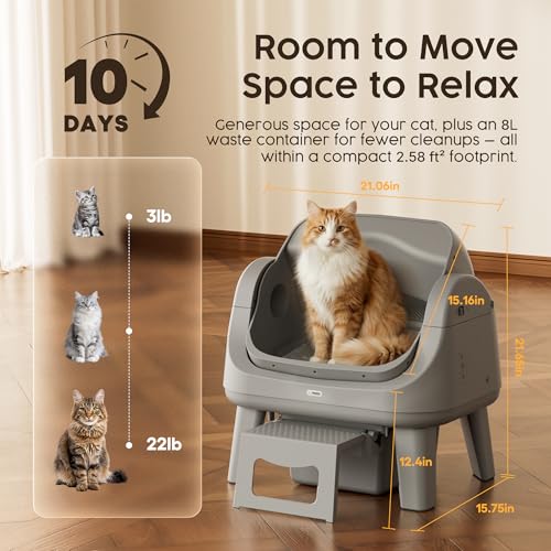 PetPivot Open Top Self Cleaning Cat Litter Box, Automatic Litter Box with 7 Pairs of Safety Sensors, Anti-Pinch Protection and Easy Access Step for Senior Cats, Dark Grey
