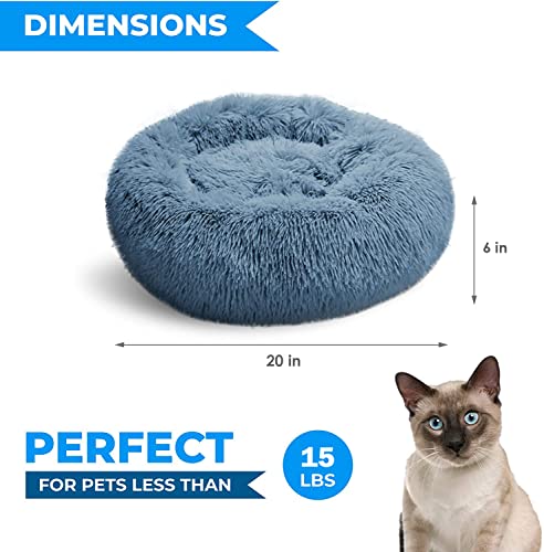 Whiskers & Friends Cat Beds for Indoor Cats, Fluffy Calming Donut Cat Bed, Small Dog Bed Washable - Orthopedic Soft Plush Pet Beds Sized for Kitten to Large Cats & Puppy to Small Dogs - Navy Grey 20''