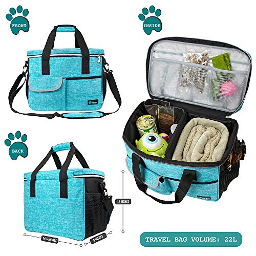 PetAmi Dog Travel Bag, Travel Pet Bag Organizer, Dog Food Travel Bag with Container Collapsible Bowls, Pet Travel Supplies Gift Accessories for Weekend Camping, Puppy Cat Diaper Bag, Teal Blue Medium