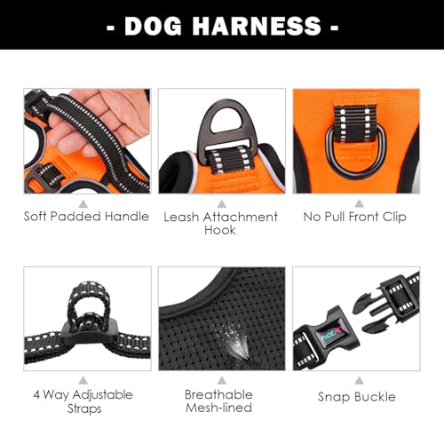 PHOEPET No Pull Dog Harness Medium Reflective Front Clip Vest with Handle,Adjustable 2 Metal Rings 3 Buckles,[Easy to Put on & Take Off](M, Orange)