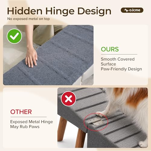 OJCME 2 in 1 Ottoman Dog Ramp with 6 Fabric-Covered Anti-Slip Grip Rails, Paw-Friendly Full Fabric Surface, 15.7 in Wide Stable Folding Pet Ramp Stool for Couch Bed, 4 Leveling Feet, 150 lb Capacity