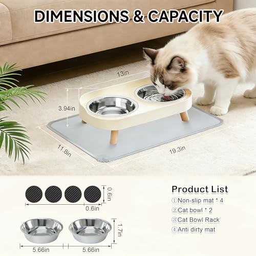 DIRZHX Elevated Cat Bowls with Food Mat, Splash Proof Anti Vomiting Raised Cat Food and Water Bowl Set, 2 Stainless Steel Dishes for Cats and Puppy, Pet Bowl for Indoor Cats White