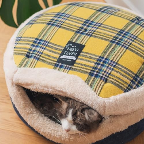 Urnat Cat Bed Cave – Enclosed Hideaway with Detachable Lid & Mat, Covered Round House for Indoor Kitten & Kitty (Yellow)