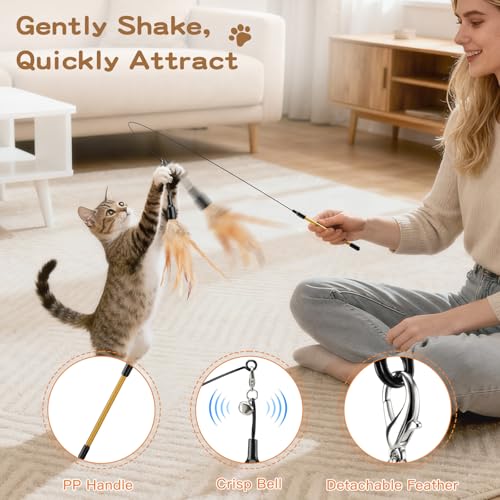 Pawaboo Feather Teaser Cat Toy - Interactive Wand with Extra Long 34.5" Wand and Small Bell, Fun Exerciser Playing Toy for Kittens or Cats, Brown Feather