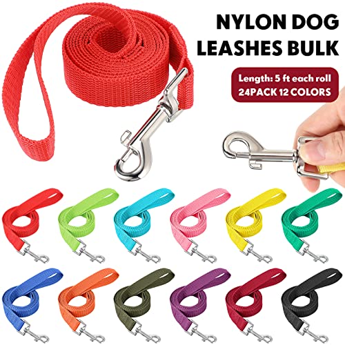 24 Pack Nylon Dog Training Leash Bulk 5 ft Dog Leash for Small and Medium Puppy Traction Rope for Training, Play, Camping, or Backyard, 12 Assorted Colors(Bright Colors)