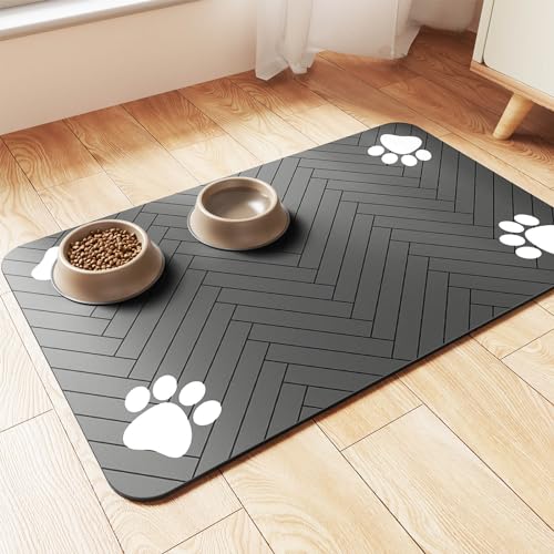 Pet Feeding Mat-Absorbent Pet Placemat for Food and Water Bowl, with Waterproof Rubber Backing, Quick Dry Water Dispenser Mat for Dog and Cat (27"x17", Striped Dark Gray)