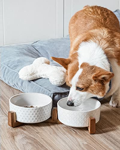 LE TAUCI Dog Bowl Set with Acacia Wood Stand - 1.5-Cup Ceramic Puppy Bowls for Small Dogs, Dual Food and Water Bowls with Weighted Non-Slip Base