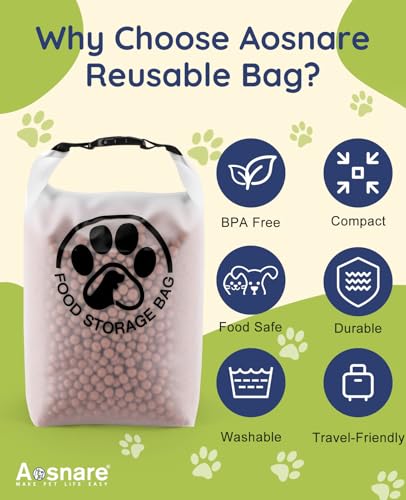 Aosnare Pet Food Storage Bag for Travel - Transparent Leak-Proof Dog Food Container with Roll-Top Closure, Keeps Kibble Fresh for Camping Trip, Dog Boarding, Weekend Getaways (14 Cups)