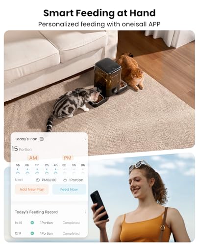 oneisall Cordless 2.4Ghz WiFi Automatic Cat Feeder for 2 Cats, Rechargeable 100-Day Battery Operated Auto Cat Feeder, 20 Cups/5L Timed Cats Food Dispenser Automatic for Large Kibble, Smart App Control