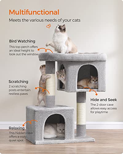 Feandrea Cat Tree, 40.6-Inch Cat Tower, Plush Condo for Extra Large Cats up to 44 lb, Large Perch, 2 Caves, Scratching Post, Light Gray UPCT614W01