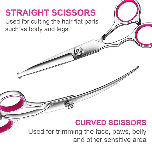 TINMARDA Dog Grooming Kit, Professional Stainless Steel Dog Grooming Scissors with Curved Shears, Pink Finger Rings - 4 Piece Sharp Durable Pet Shears for Dogs Cats At Home Salon-Quality Grooming