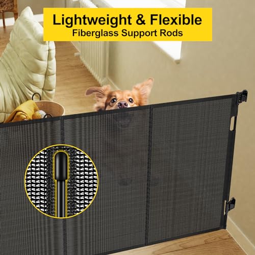 Reinforced 42” Extra Tall Retractable Baby Gates with Rods, Extends up to 60” Wide, Tall Retractable Dog Gate for Doorways Prevent Crawling Through Mesh Pet Gate Indoor Outdoor, Black
