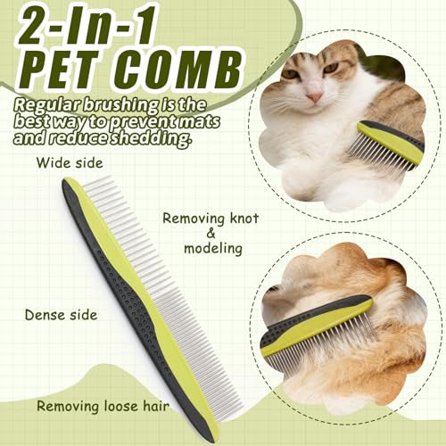 Pon Ywo Nree 2-in-1 Pet Grooming Brush & Undercoat Rake, Double Sided Dematting Comb for Dogs Cats, Shedding & Slicker Grooming Tool (Green)