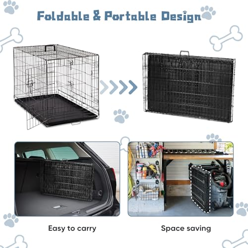 DUMOS Dog Crate, 36 Inch Medium Double Door Dog Cage with Plastic Leak-Proof Pan Tray, Handle, Folding Metal Wire Pet Kennel for Indoor, Outdoor, Travel