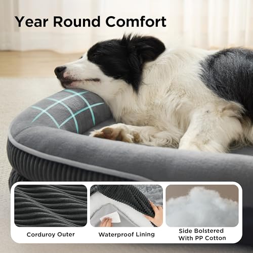 Bedsure Orthopedic Dog Beds Large Sized Dog - 360° Oval Bolster Large Dogs Bed for Senior Dogs with Waterproof Washable Cover, Big Comfort Pet Sofa Couch with Ultra-Soft Fleece, Grey, 35"