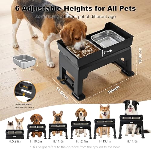 ZOMISIA 3-in-1 Elevated Dog Bowls - 6 Height Adjustable Raised Dog Bowl Stand, Double Deck Design Mess Proof, Feeding Station with 2 Stainless Steel Bowls & Licking Plate for Small Medium Large Pets