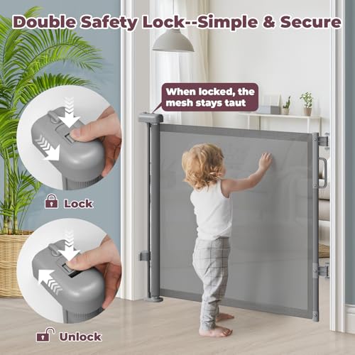 Cideny Retractable Baby Gate for Stairs & Doorways, Mesh Dog Gate Indoor Outdoor, Extends to 55" Wide 34" Tall Child Gate for Hallways, Deck, Porch, Pet Toddler Safety Essentials, Easy Install, Grey