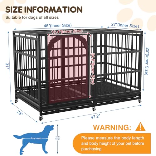 48 Inch Heavy Duty Dog Crate Indestructible Dog Kennel Large Indoor Escape Proof Big Cage for High Anxiety Large Dogs with Wheels, Locks and Removable Trays