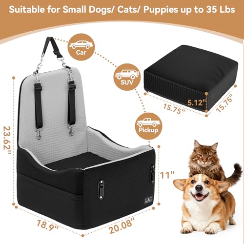 PETSFIT Dog Car Seat for Small/Medium Dogs Up to 35 lbs – Patented Safety System, 5" Memory Foam Pet Booster Car Seat, Fully Detachable and Washable Dog Carseat with 2 Storage Pockets (Black & Grey)