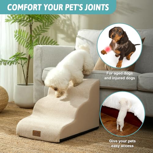 COZY KISS Dog Stairs for Small Dogs 15.7" H, Curved Dog Step for Puppy, Older Cat, Medium Pet Ramp for Sofa, Couch or Chair, Ladder with High Density Foam, 3 Step, 15.7x22.4x15.7 inch, Beige
