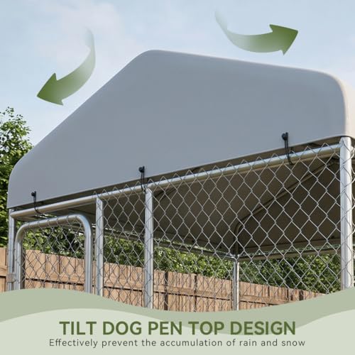 COMHOMA Dog Kennel Outdoor with Roof,Large Metal Dog Enclosure with Weather-Resistant Cover,Lockable Gate for Medium Large Dogs (Silver, 7.5x7.5FT (90in))