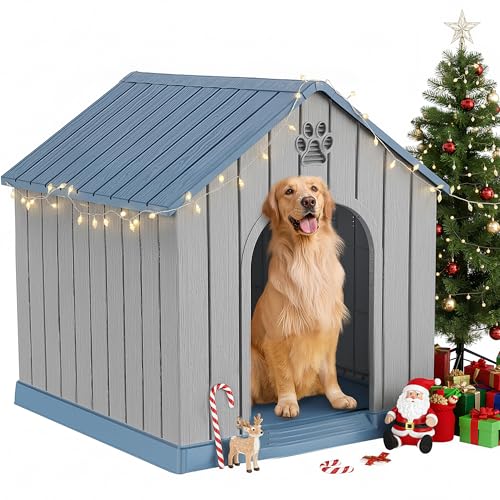 DRATO Large Dog House Indoor Outdoor Waterproof,Puppy Shelter with Air Vents and Elevated Floor,Sturdy Dog Kennel for Small to Large Sized Dogs, Easy to Assemble (Blue, 38.62×36.26×38.07 Inches)