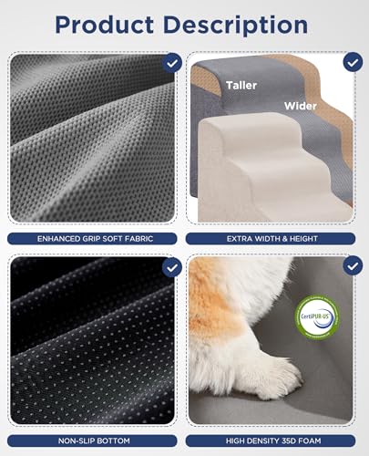 Beige Curved Dog Stairs Ramp for Small Dogs & Cats 17" H, 3-Step Dog Steps for Couch Sofa and Chair, Pet Stairs for Cats, Non-Slip Balanced Pet Steps