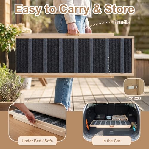 Dog Ramp for Bed, for Couch, 47.24" Long Wooden Pet Ramp for Small & Large Dogs to Get on Bed Couch Car Up to 200LBS, 4 Adjustable Heights (13.7"-24.6"), Foldable Dog Bed Ramp with Anti-Slip Surface