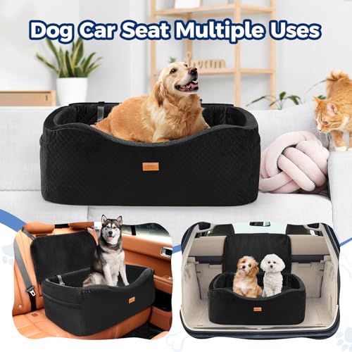 Large Dog Car Seat for Medium Sized, Dog Booster Car Seat, Pet Booster Seats up to 55lbs or 2 Small with 4" Memory Foam for Back Seat, Triple Safety Belts, Storage Pockets, Detachable/Washable