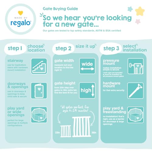 Regalo Safety 29-38.5" Baby Gate for Doorways & Bottom of Stairs, Pressure Mounted Baby Gate with Door for Babies, Toddlers & Pets, Tested & Safe for 30 Years, American Designed, American Owned, White